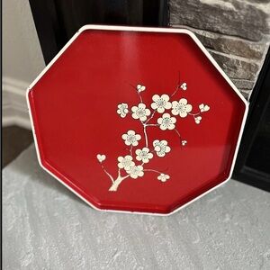Vintage 1979 M. Kamenstein Red Cream Cherry Blossom Asian Octagonal Serving Tray